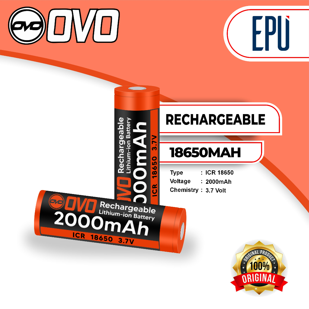 Ovo Rechargeable Battery ICR 18650 Baterai Cas Baterai Vape 2000mAh