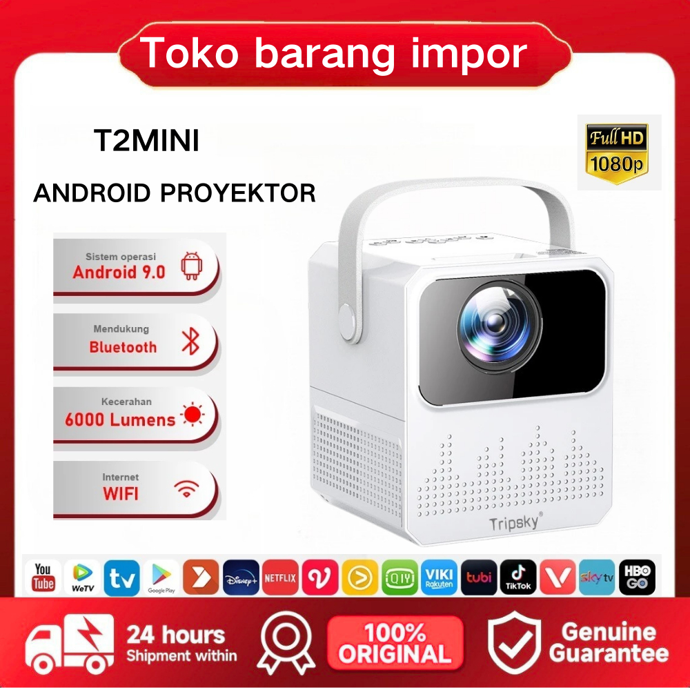 Proyektor Tripsky T2mini, sistem operasi Android 9.0, layar LCD, speaker internal, proyektor rumah p