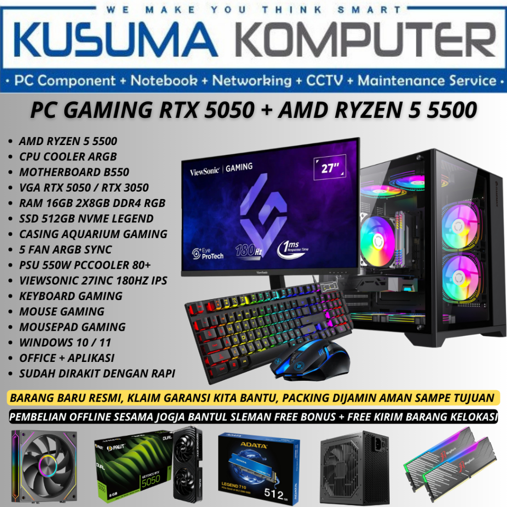 Fullset PC Gaming AMD RYZEN 5 5500 RTX 5050 MONITOR 27 IPS 180HZ