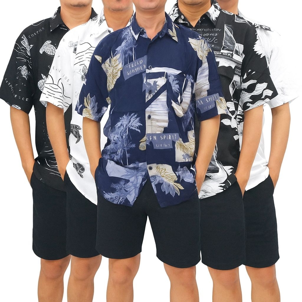 ASTRINA - Kemeja Pantai Hawaii Rayon Motif Bunga Lengan Pendek Baju Santai Hawaii Pria Kemeja Bali P