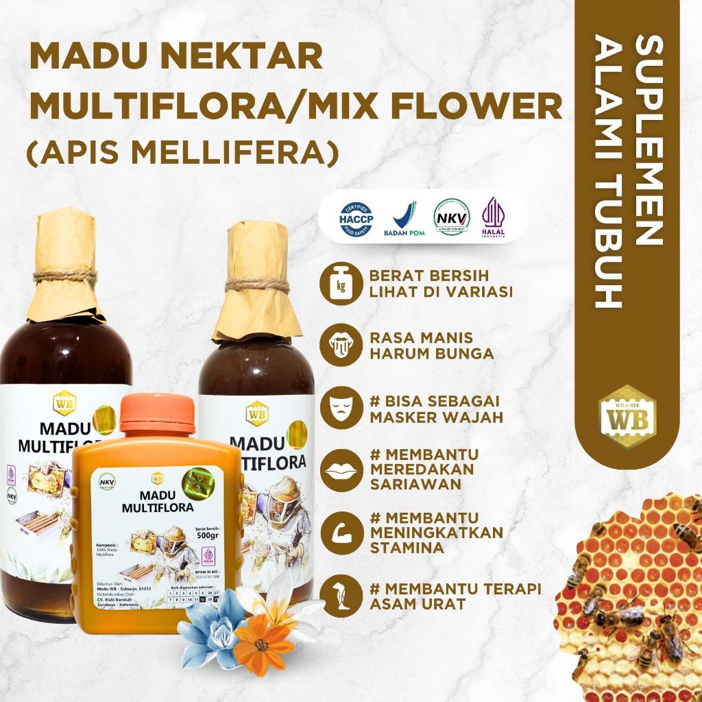 

WB Wild Bee - Madu Multiflora / Lebah Apis Melifera - Wild Bee-Kemasan Ekonomis - Beli 10 Gratis 1