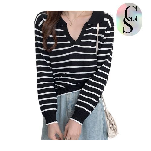 CANDYSSHOP Baju Knitwear Sweater Crop Rajut Sweater Garis Bahan Rajut CropTop Lengan Panjang BJ1618