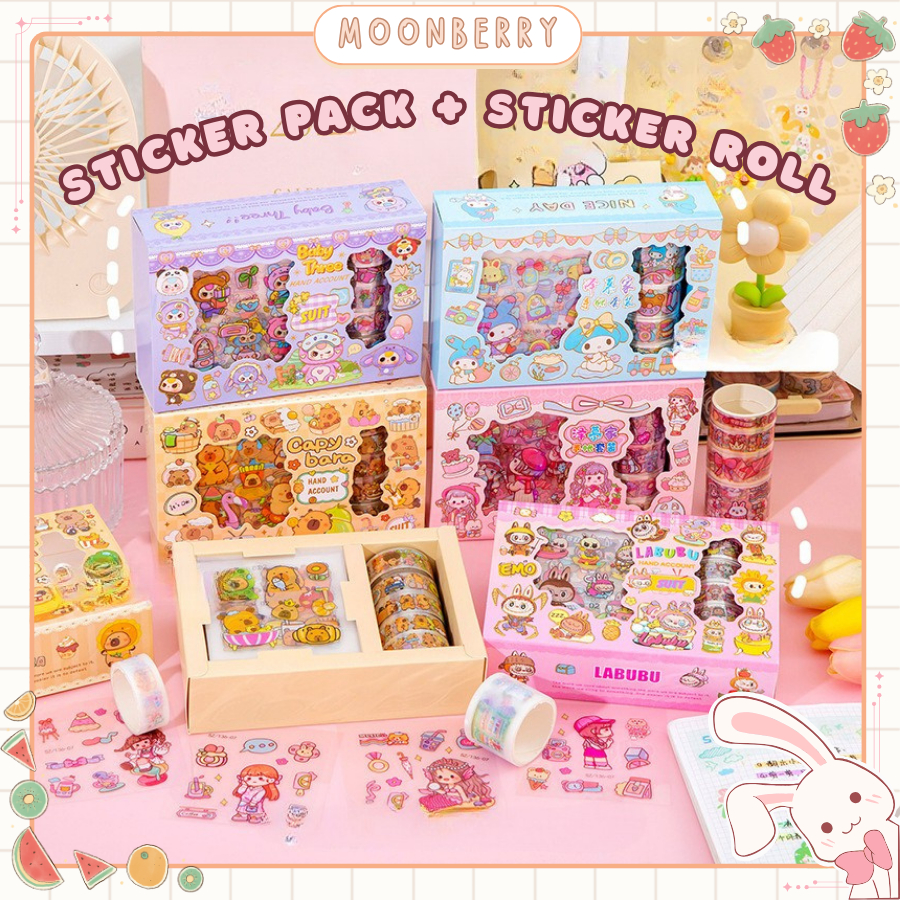 

Sticker Lucu 1 Set Box Motif Capybara Sanrio Lucu Labubu Isi 8 Stiker Pack + 4 Stiker Roll