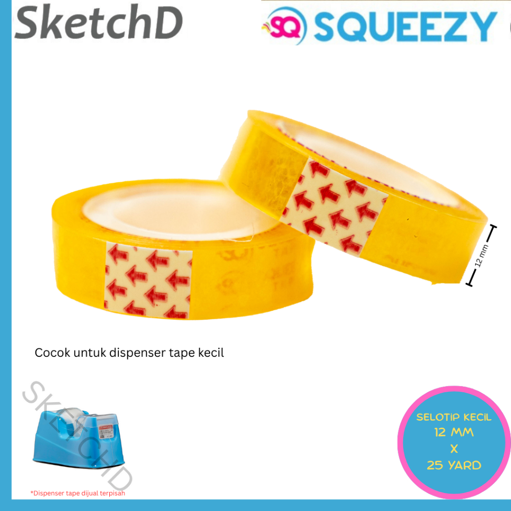 

Selotip Bening Isolasi Squeezy clear stationery tape 12 mm x 25 yard diameter 5 cm roll kecil