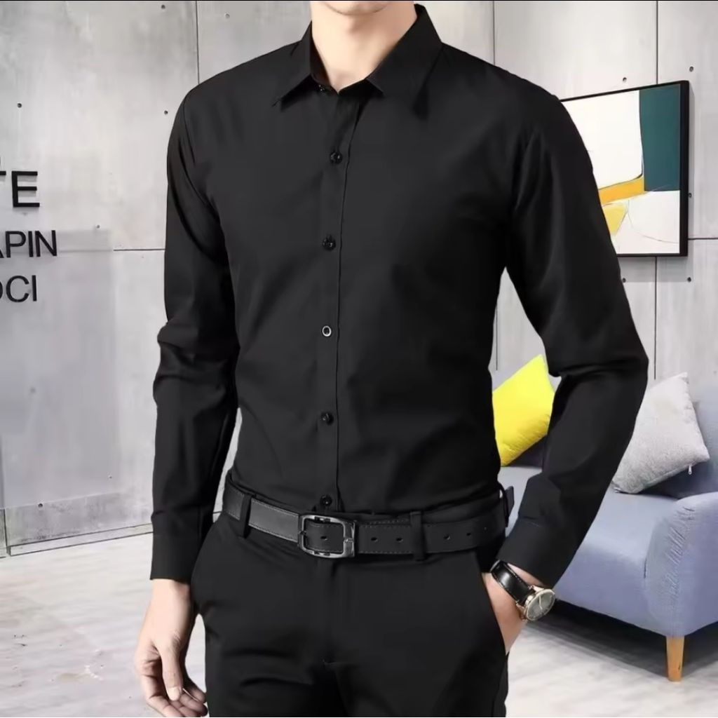 Kemeja Hitam Lengan Panjang Putih Hitam - Kemeja Pria Lengan Panjang