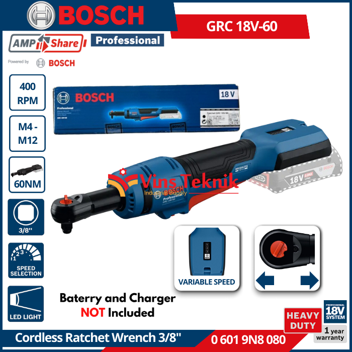 BOSCH GRC 18V-60 Brushless Ratchet Wrench 3/8" Kunci Rachet Baterai 18V 60Nm GRC18V-60