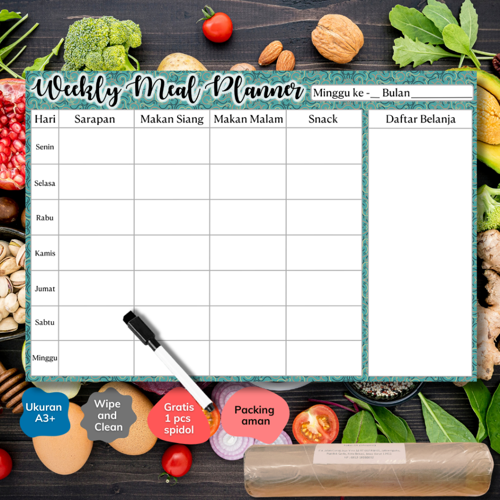 

Meal Planner Wall Board Schedule Board Wipe and Clean - Bonus Spidol