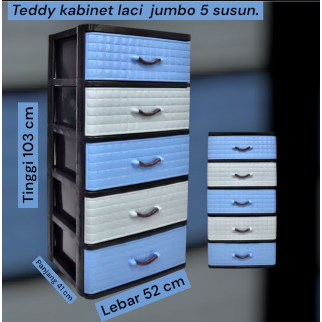 lemari laci plastik jumbo 5 susun warna biru kombinasi