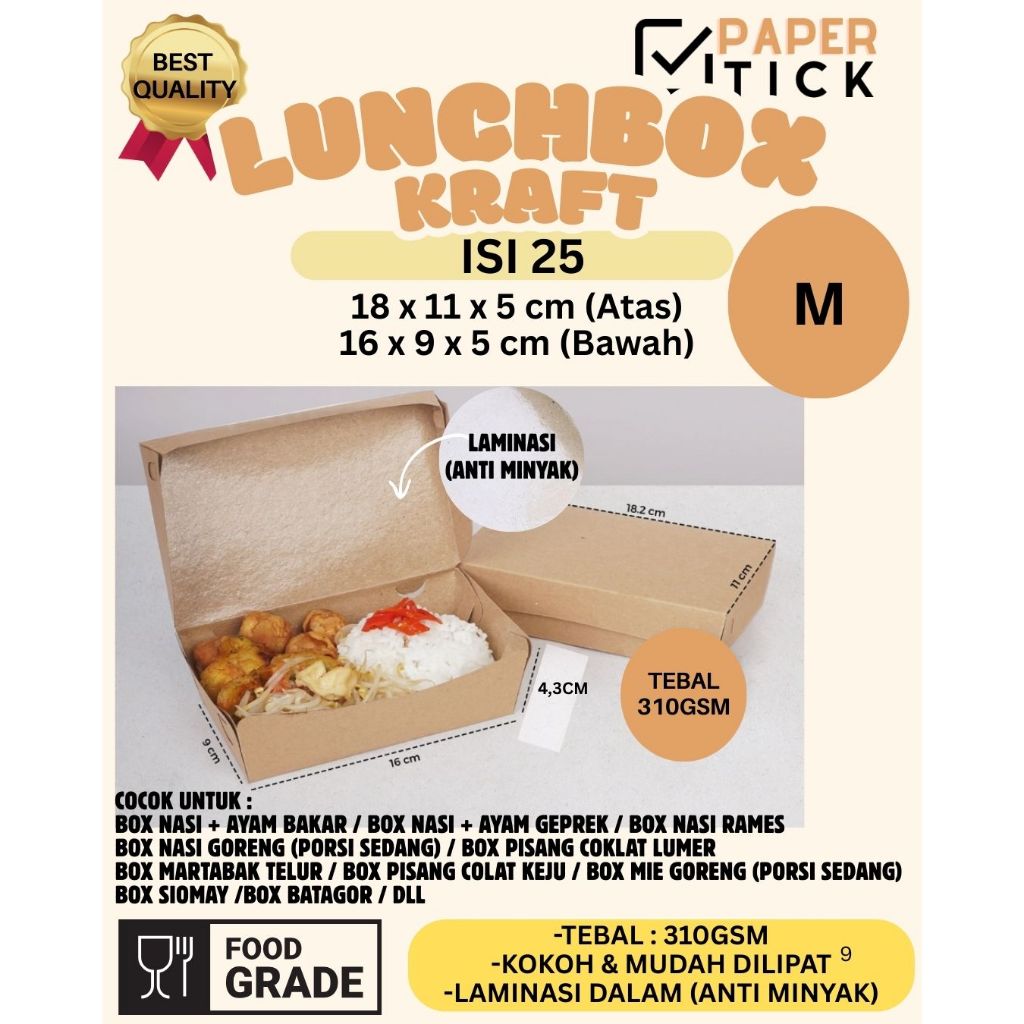 

M (PERPAK=25LBR) Paper Lunch Kraft Box M Uk.18x11x5 cm | Kraft tebal 310 gsm Laminasi PE | Polos Food Grade | Takeaway Packaging
