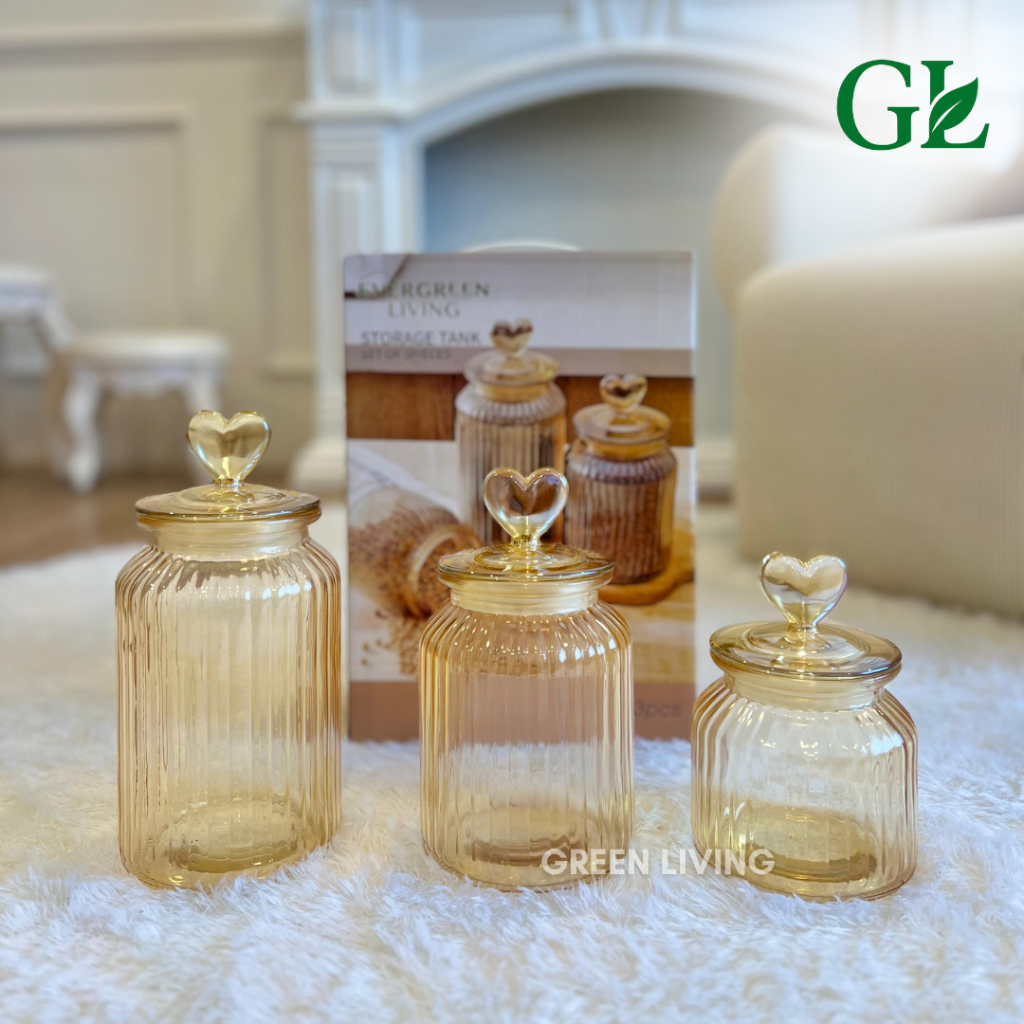 [COD] GREEN LIVING Toples Kaca Hati Love Set 3 Pcs Stoples Tempat Penyimpanan Kue Kering Love Lebara