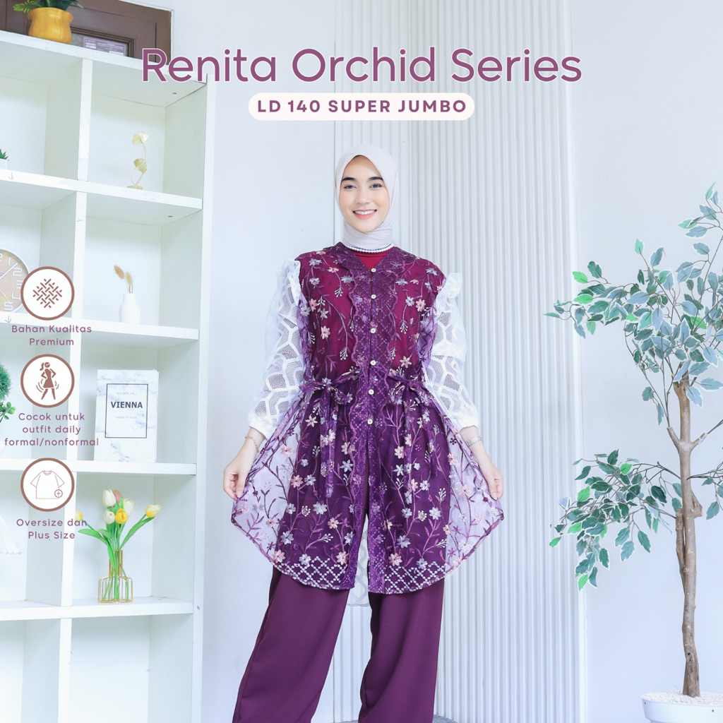 Eshantai Big Size Renita L-XXXXL One Set Kondangan Mewah Outer Muslim Baju MewahTunik Panjang LD 120