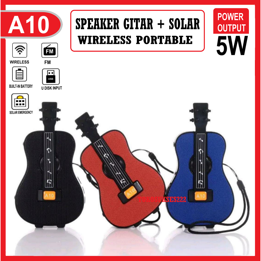 Speaker Bluetooth A10 Model Gitar + Solar Wireless Speaker Gitar Portable Extra Bass