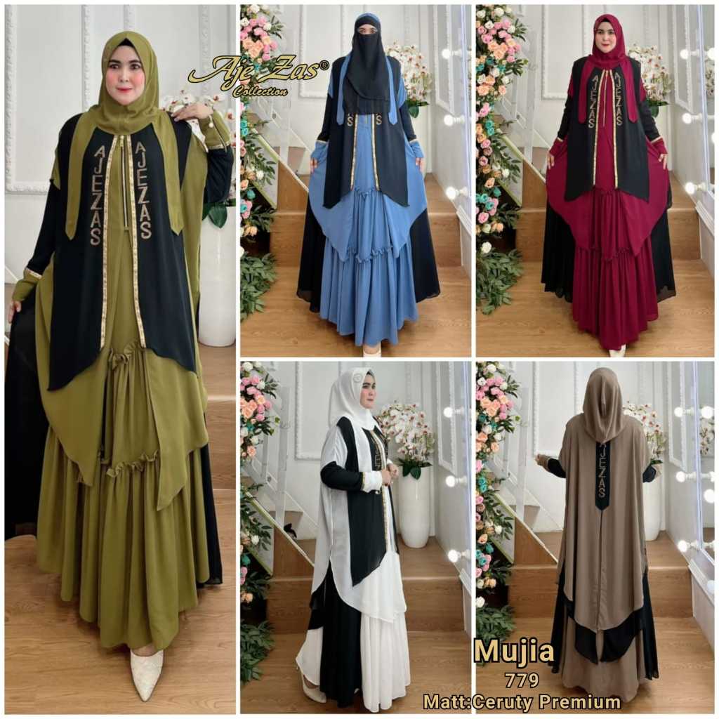 Gamis Syar'i Set Hijab Hodie Kode MUJIA Bahan Ceruti BabyDoll Muslim Wanita Syar'i Mewah Formal Panj