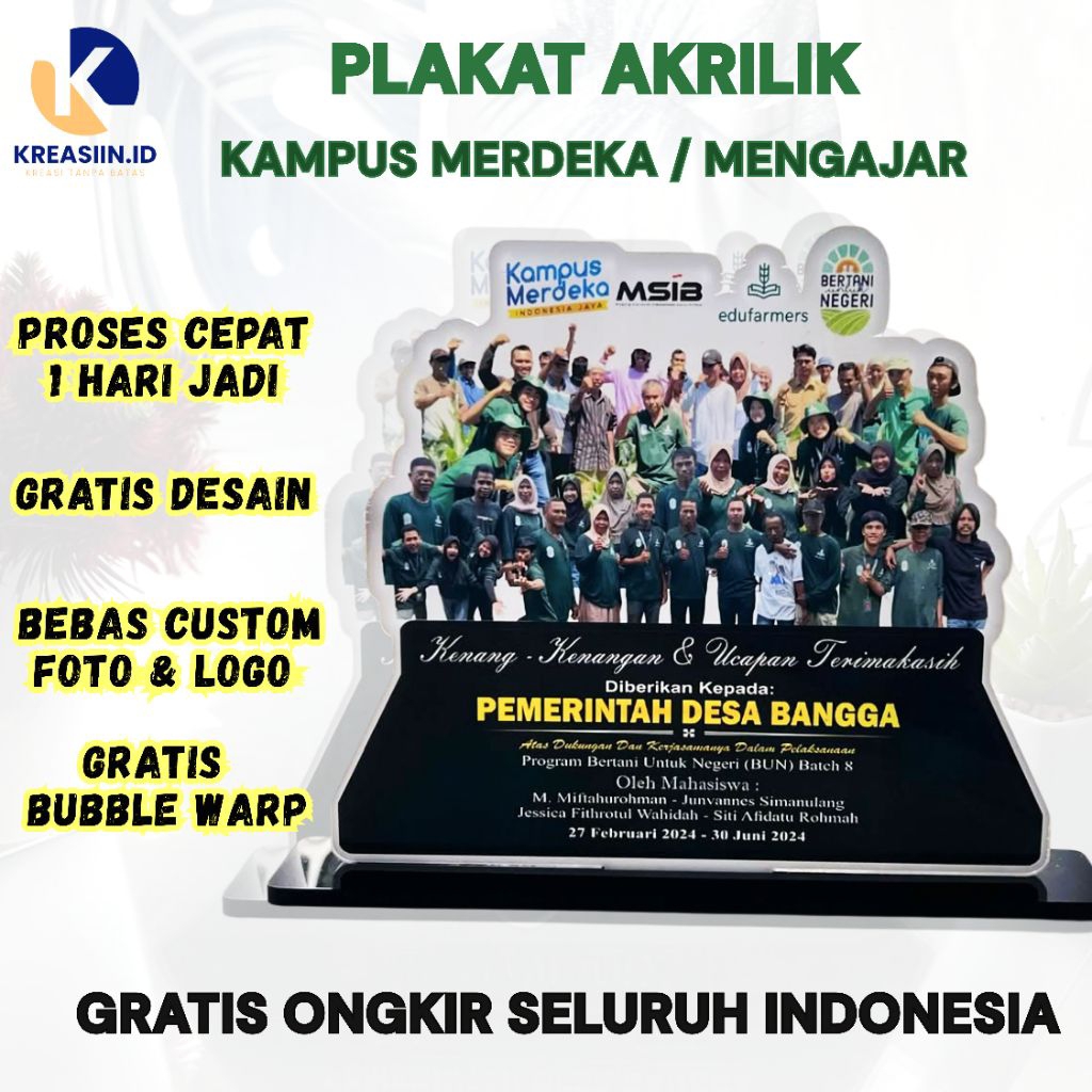 Plakat Akrilik Kampus Merdeka Custom Logo & Nama – Souvenir Wisuda, Sertifikat, Piagam, Penghargaan 