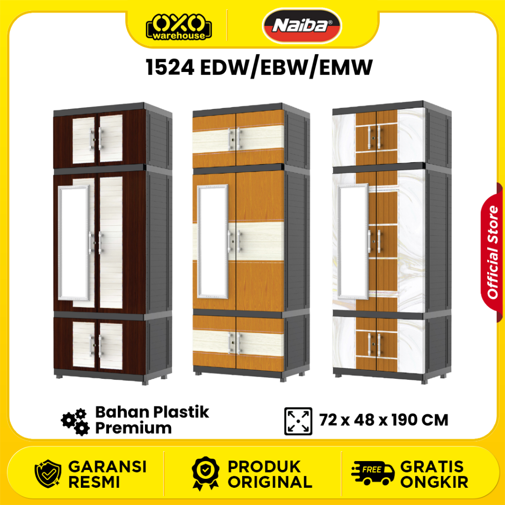 NAIBA 1524 EDW/EBW/EMW – Lemari Plastik Rak Baju Slot Kunci Luar & Dalam (Plus Mirror)