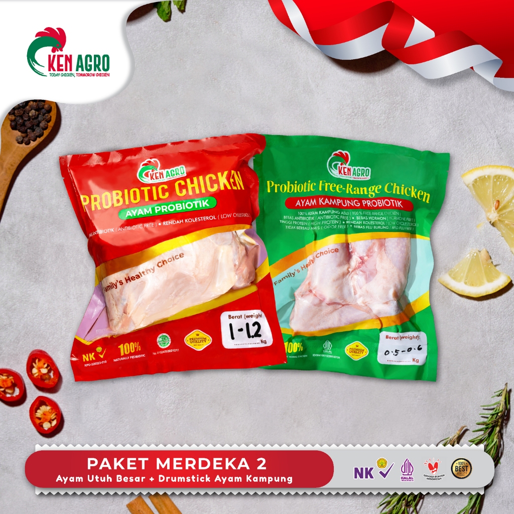 

Ken Agro Paket Merdeka 2 (Ayam Probiotik Utuh Besar + Drumstick Ayam Kampung) Frozen