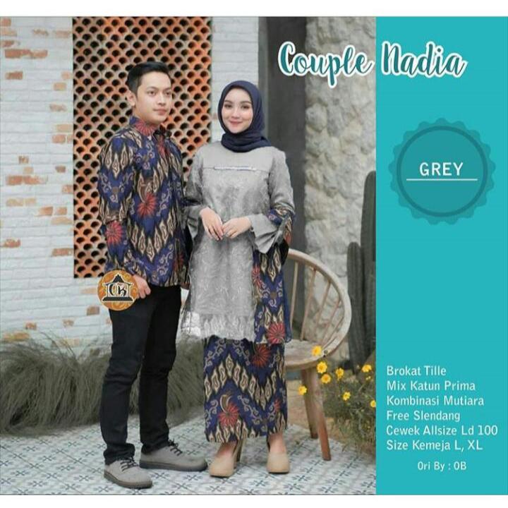 Kebaya Couple Nadia Batik Katun Brukat Full Payet Special Latte Grey