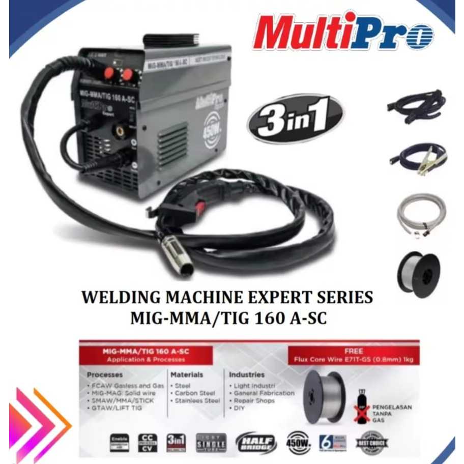 multipro mig - mma - tig 160 a -sc mesin las 3 in 1 argon co2 besi stainless flux core tanpa gas