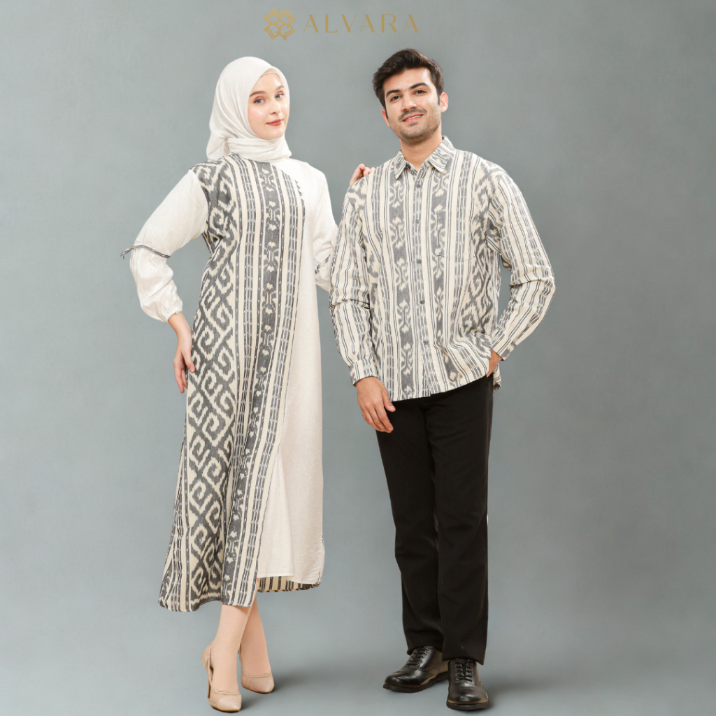 Baju Kondangan Couple Pasangan Dress Wanita Kemeja Pria Motif Tenun Jenar ALVARA Big Size Jumbo