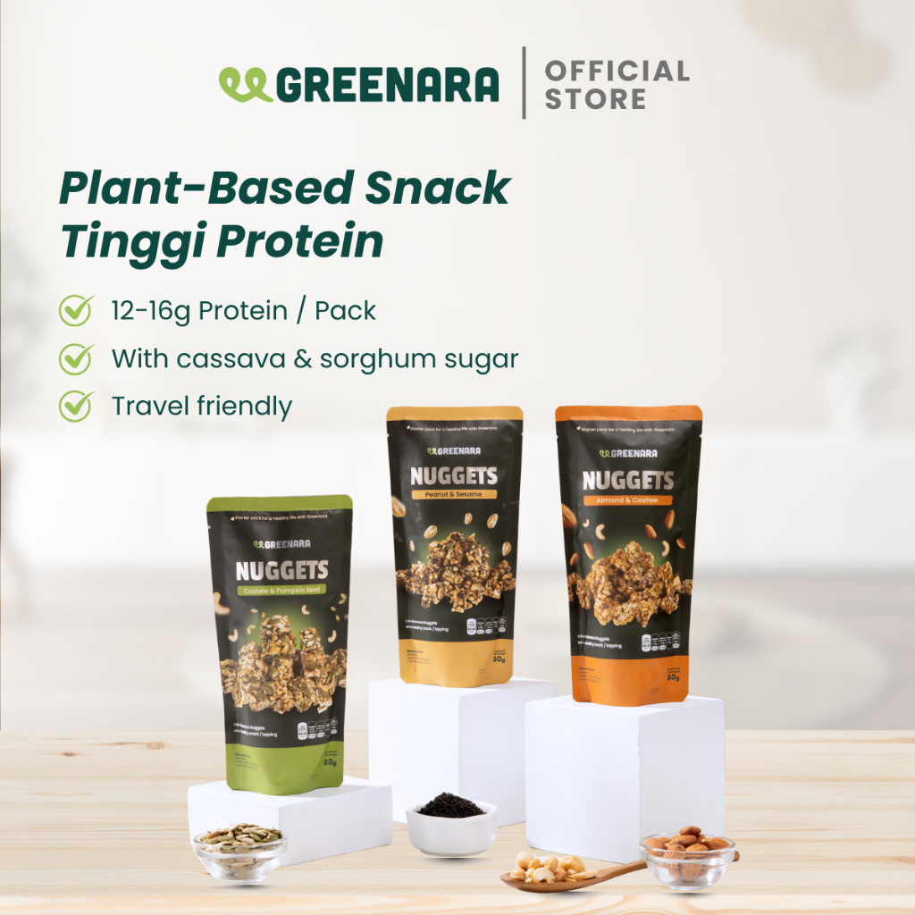 

Greenara Nuggets Plant Based Snack Tinggi Protein / Cemilan Almond/ Cashew/ Pumpkin/ Wijen/ Peanut