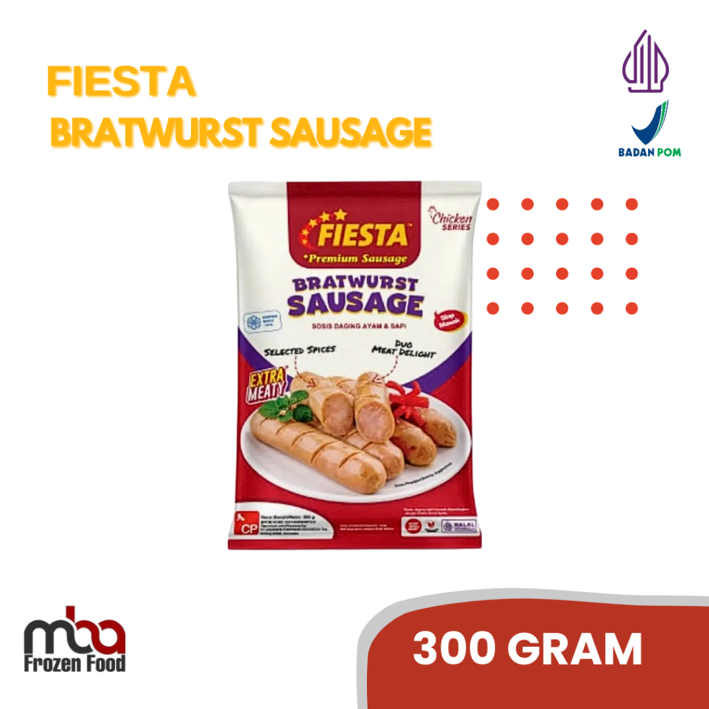 

Fiesta Sosis Sapi Dam Ayam Bratwurst / Fiesta Bratwurst Sausage 300 gram /Sosisayam /Ayam /Sosissapi /Sapi /Sosis /Daging /Kornet /Sate /Snack /Camilan /Dagingsapi /Dagingayam /Ayam /Frozen food