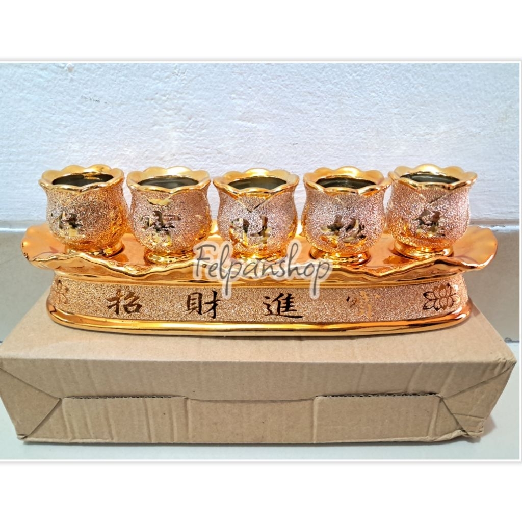 Cangkir Sembahyang Emas gold set 5, cangkir keramik Sembahyang Set warna emas gold