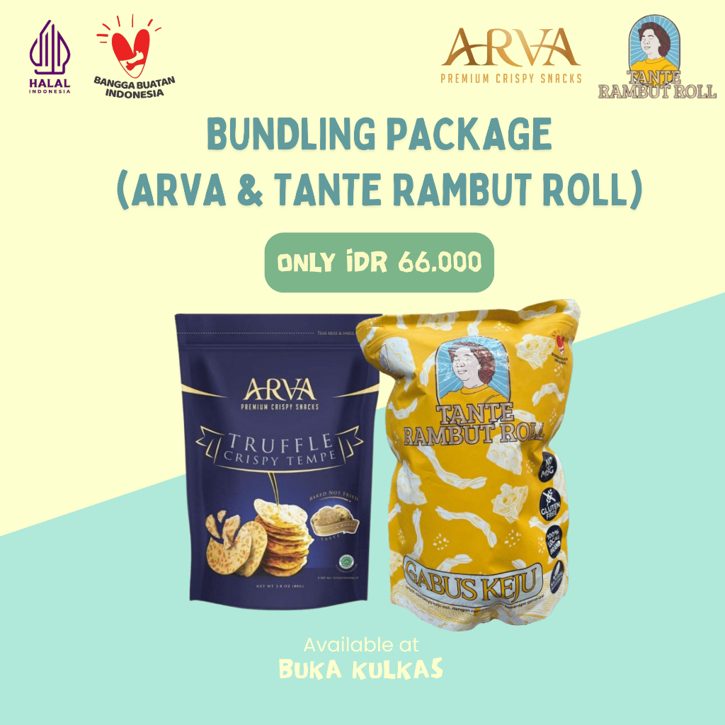 

BUKA KULKAS - PAKET BUNDLING ARVA Kripik Tempe Panggang & TANTE RAMBUT ROLL Regular Gabus Keju Gluten Free Halal