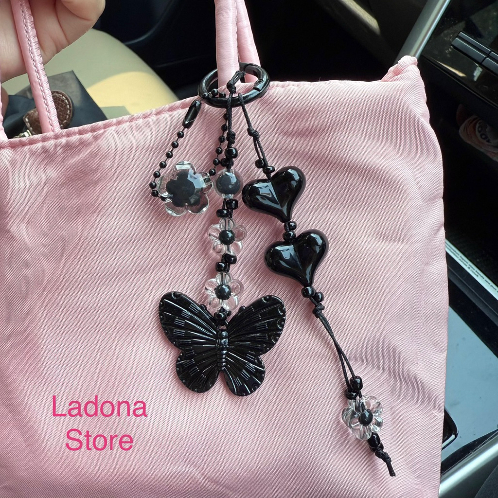 BagCharm Beads Black / Gantungan Tas Manik Hitam / Key Chain Kupu Kupu Hitam Love Hitam