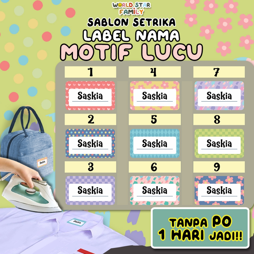 

Wsf Stiker motif lucu custom Sticker Nama Label Printing Kain kaos Sablon Setrika GRATIS Custom Nama Stiker Label DTF Tinggal di setrika WSFLABEL