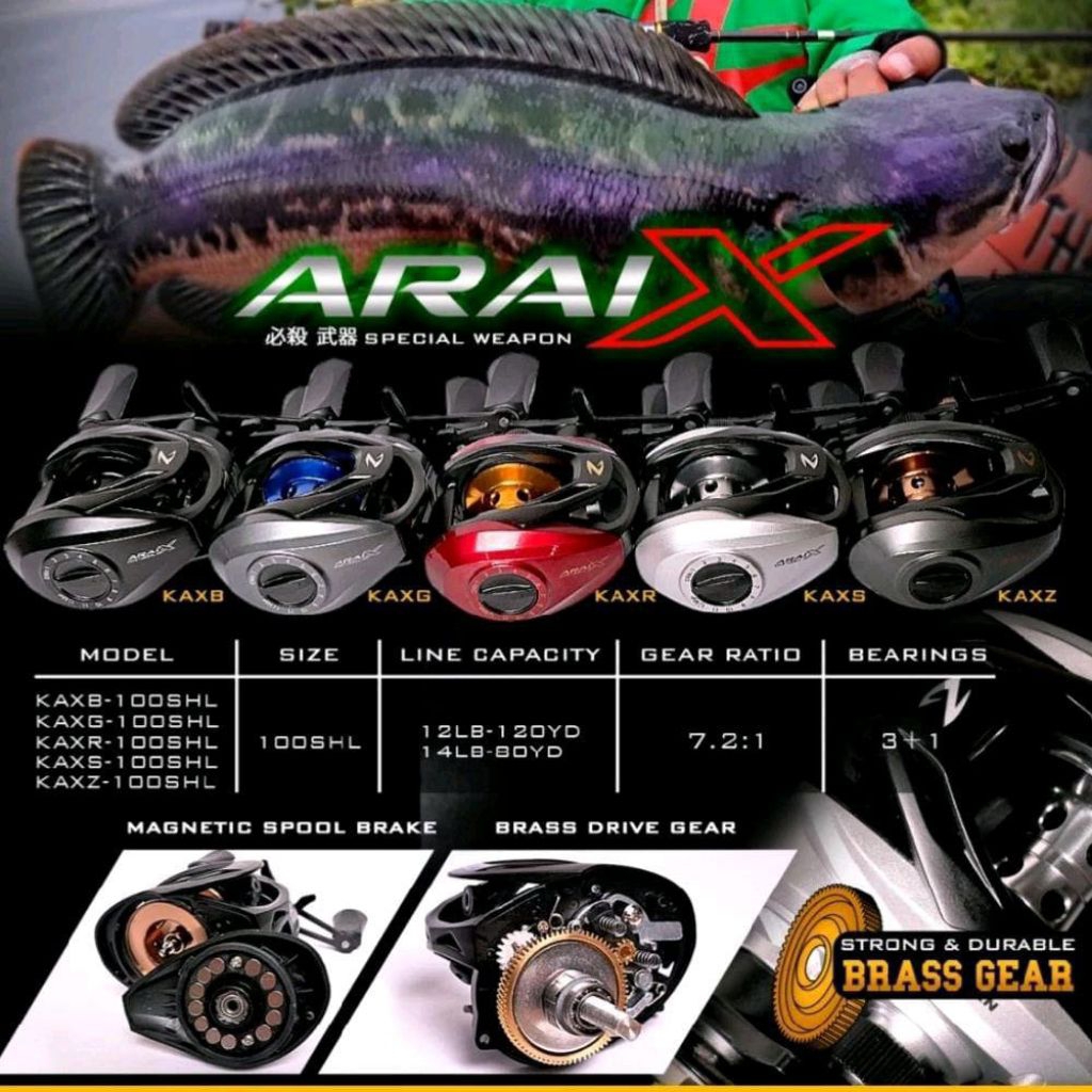 Reel BC Kaizen ARAI-X 100SHL | Gear Ratio 7.2:1 | Handle Kiri | Bearing 3+1 | Reel Baitcasting | Ree