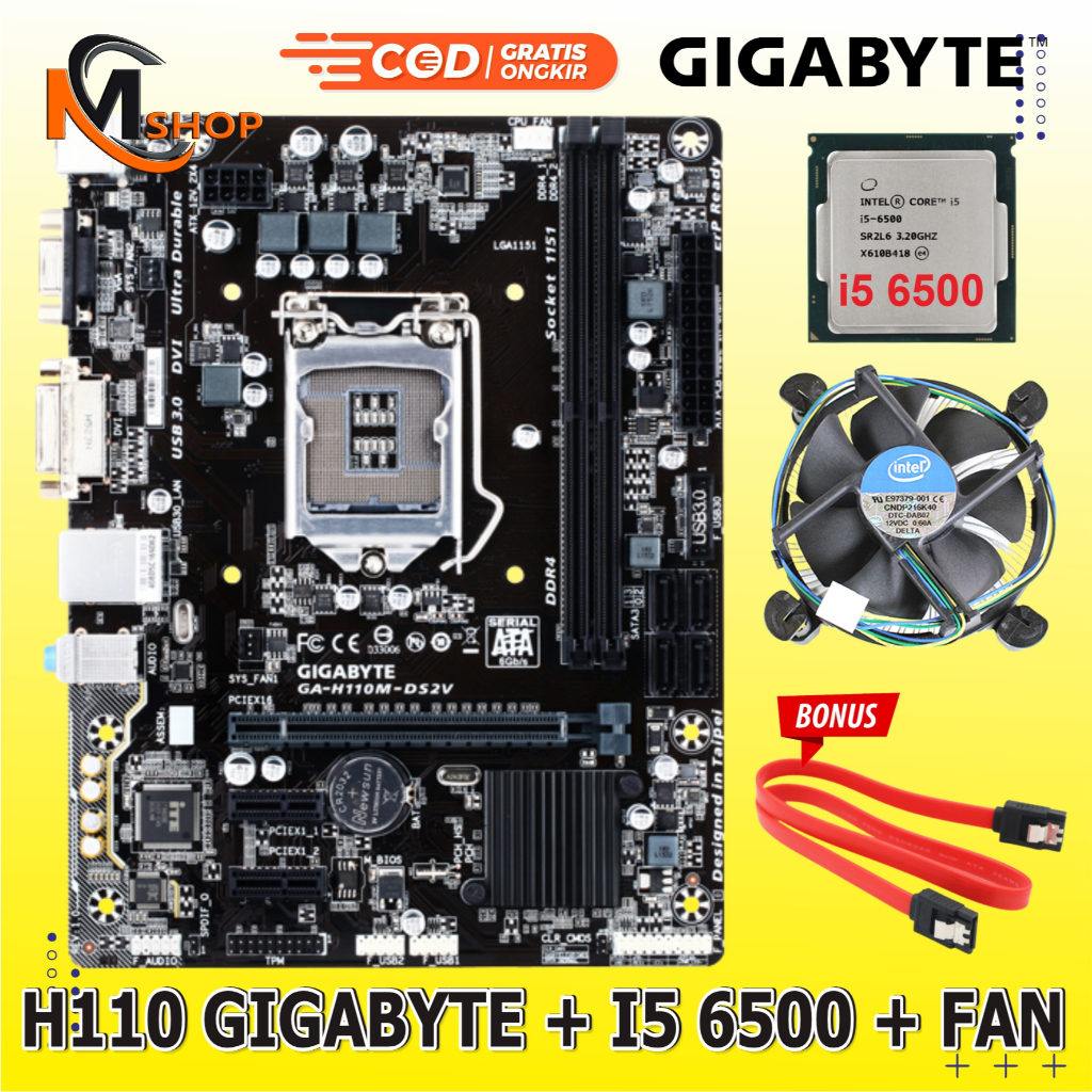Paket Motherboard Mobo Gigabyte Intel H110 Socket 1151 DDR4 + Processor Core i5 6500 + Fan