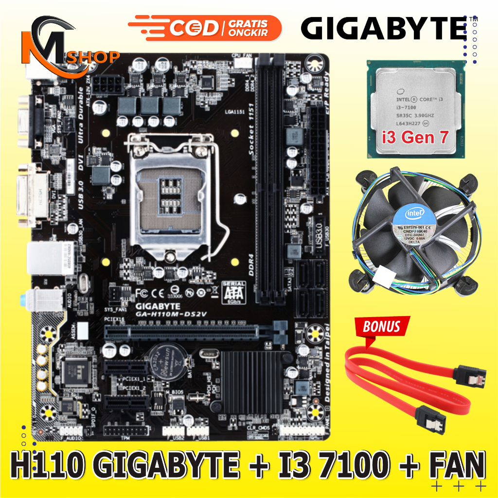 Paket Mainboard Mobo Motherboard H110 Intel LGA 1151 DDR4 + Processor Core i3 7100 + Fan