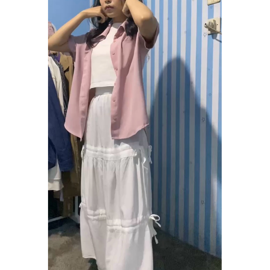 (Preloved) Kemeja Wanita Lengan Pendek Baby Pink