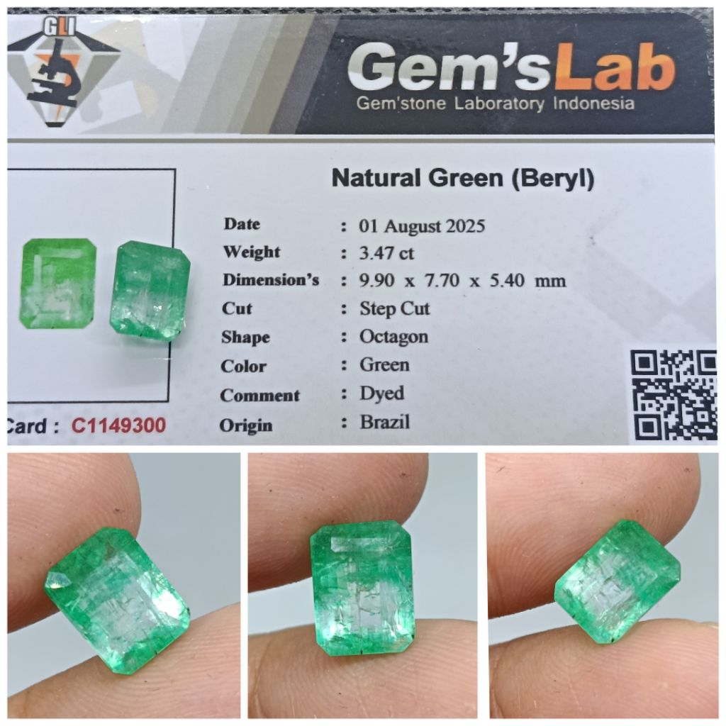 Natural Green Beryl 3,4ct Oktagon Cut Kristal Memo GLI