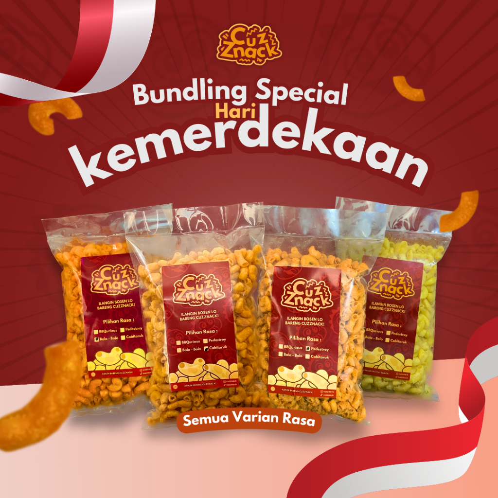 

Cuzznack Bundle All Variant | 4 rasa BBQurious, Bala - Bolo, Cabitaruk, Pedestroy Harga Spesial Kemerdekaan