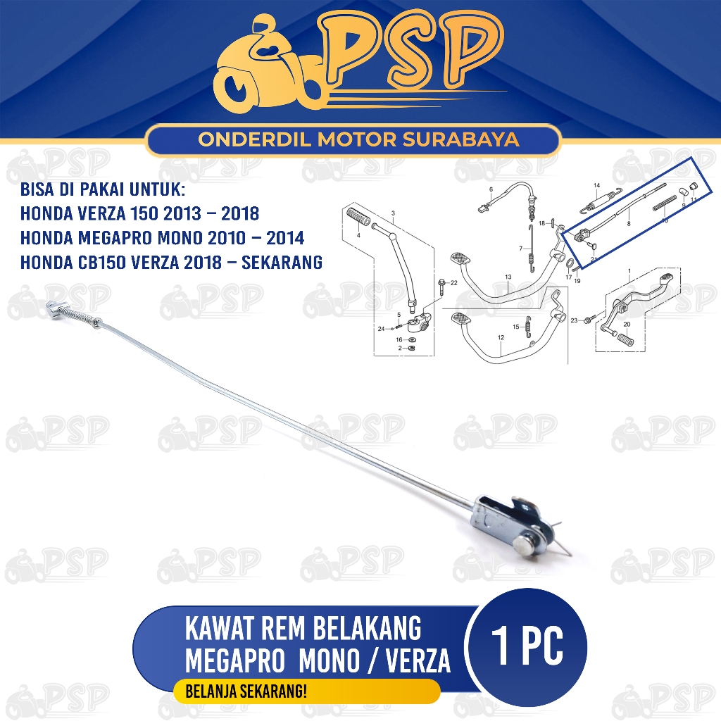 Kawat Rem Belakang Megapro Mono / Verza - Tiang Tarikan Stick Rim Mur Per Brake Honda CB150 Versa