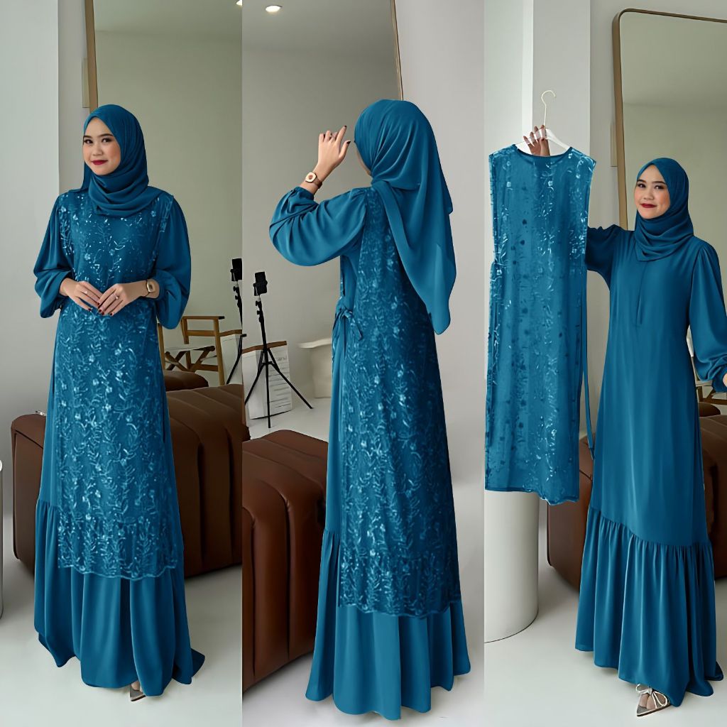 Sintia dress inner + outer brukat tile mutiara mewah oneset gamis kondangan model kekinian 2in 1