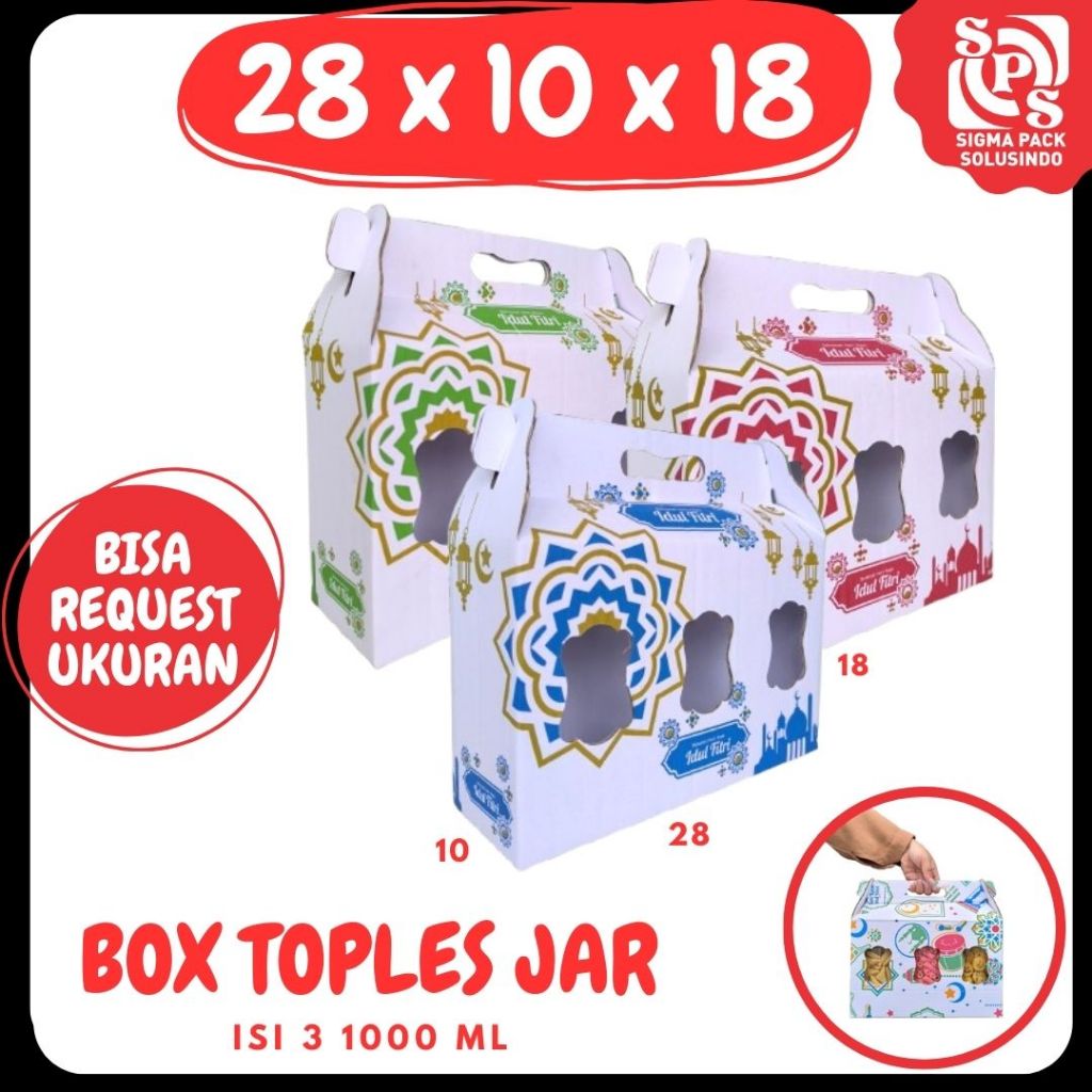 

Box Jinjing Kuker 28x10x18 Jinjing Jar (KUKER TOPLES JAR 1000ml ISI 3) Box Jinjing Kardus Lebaran Idul Fitri Hampers Polos/Motif