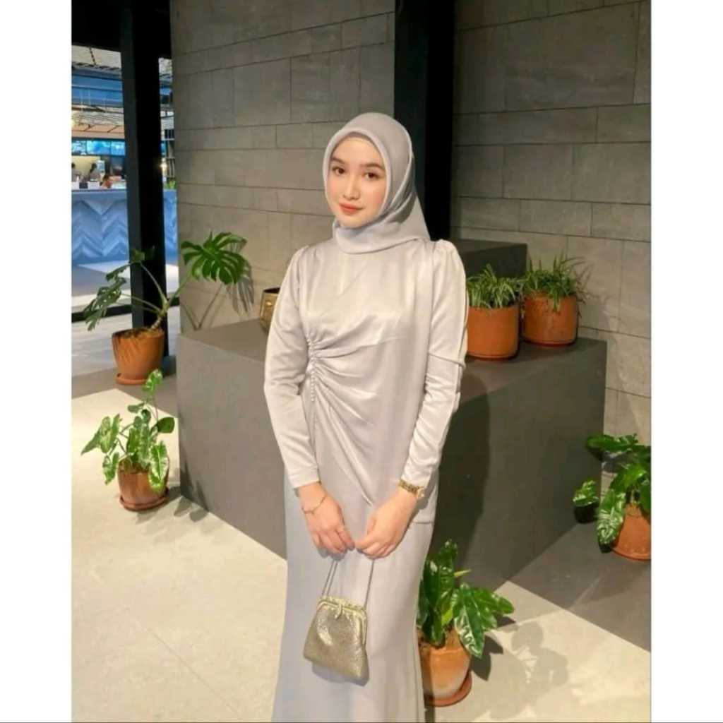 Dress wisuda elegant aksen payet mutiara mewah / gamis diva satin maxmara premium / gaun duyung prem