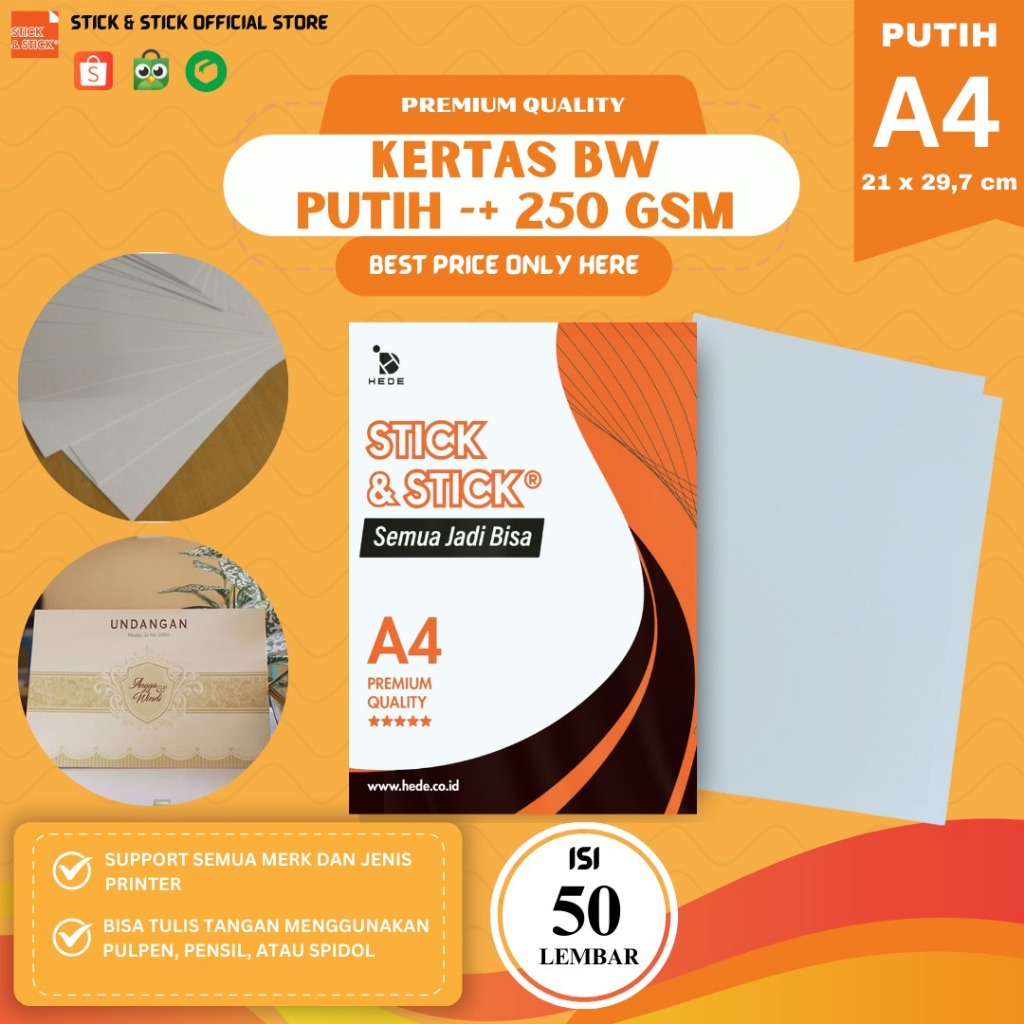 

Kertas BW Putih 250 gsm A4 isi 50 lembar Premium Quality