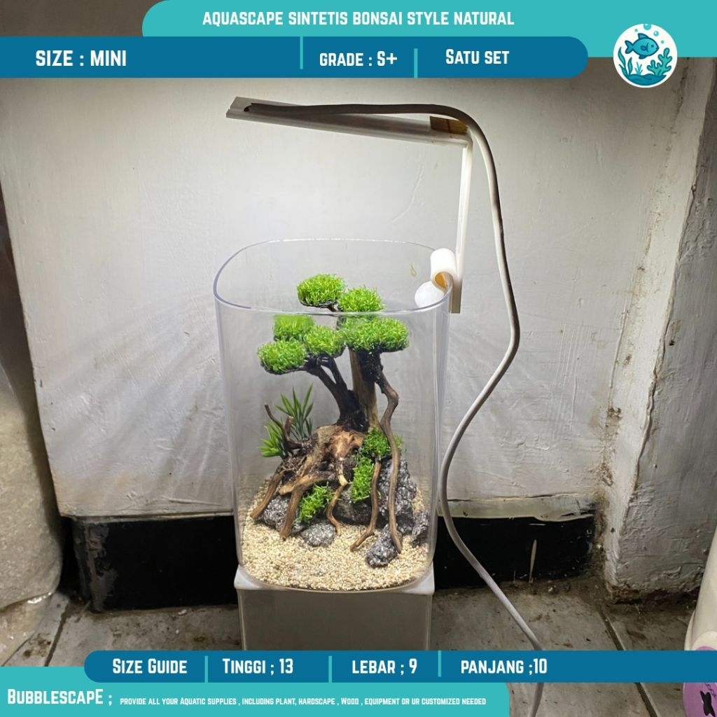 Aquascape Mini Full Set Sintetis 2L (Akuarium+Lampu+Pasir + Hardscape) Hiasan Aquatic| Aquarium |Tan