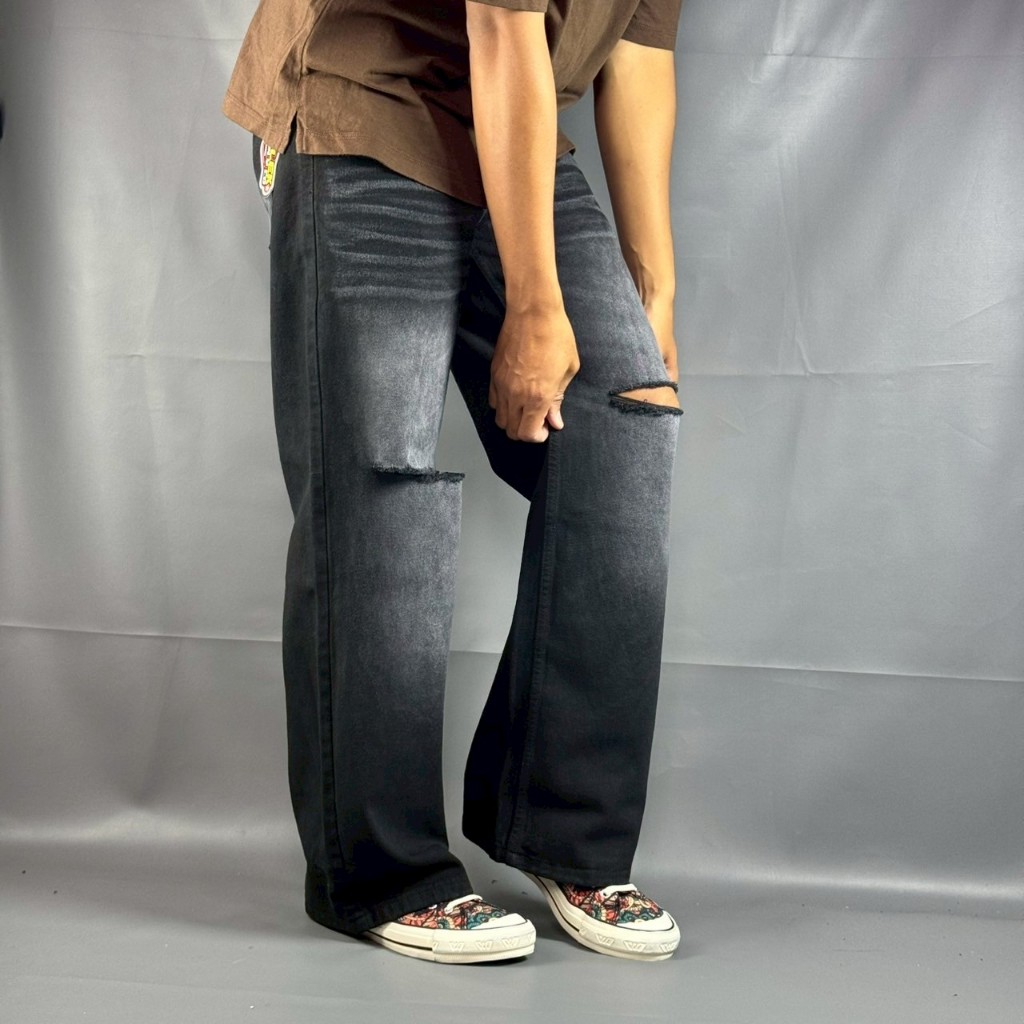 Celana Panjang Jeans Denim Sobek-Sobek Lutut Baggy Gombrang Skena Longgar Pria Dewasa Bisa COD