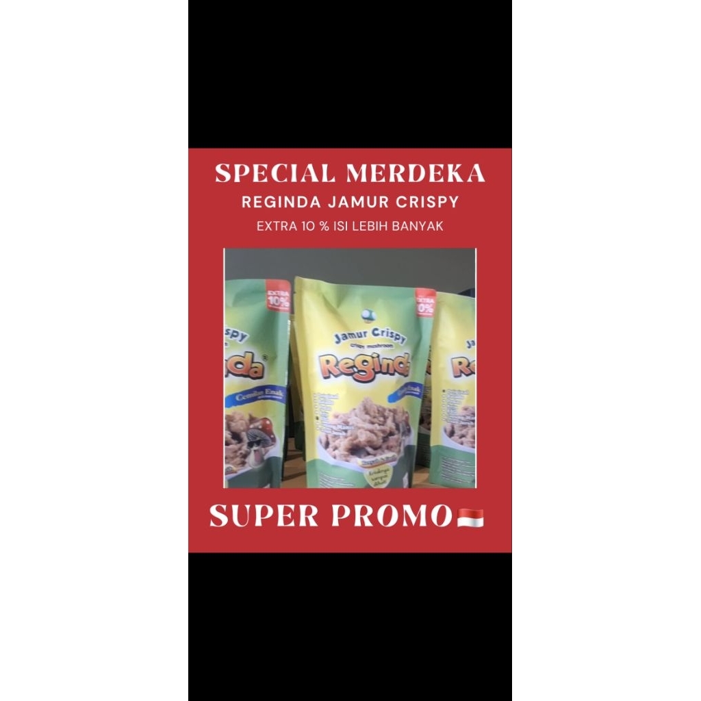 

Reginda Jamur Crispy kemasan 150g Extra 10% isi lebih banyak harga tetap