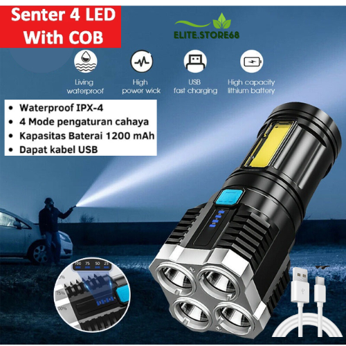 Senter LED 4 Mata 48 W 20 W / Senter LED Chargeable / Senter Cas LED