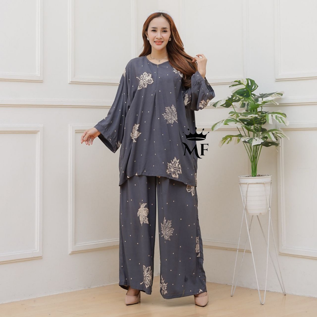 One Set Rayon Premium Jumbo Ld 140 Busui Adem Nyaman Atasan Bawahan Wanita Celana Panjang
