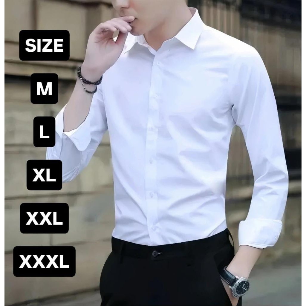 Boss Kemeja Polos Pria Lengan Panjang Putih Hitam.