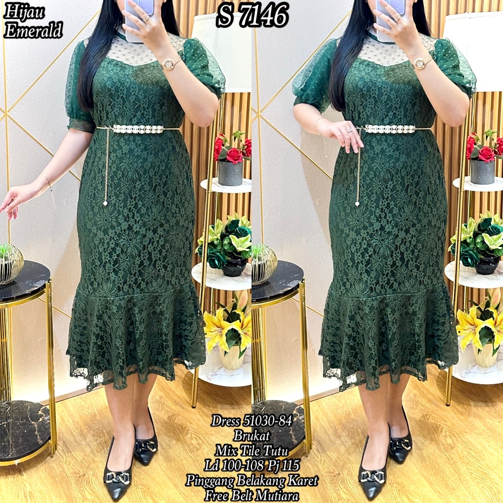 S 7146 #Midi Dress Brukat Duyung Emerald Polos Free Belt Mutiara 51030