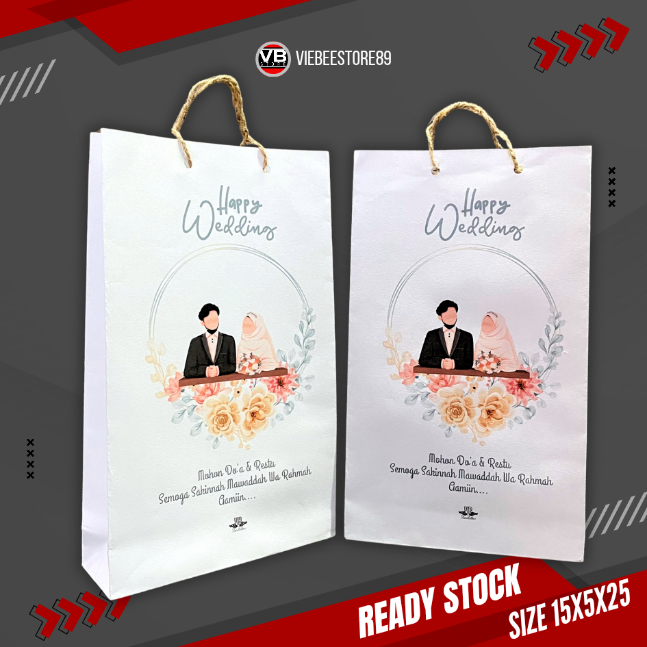 

PAPER BAG READY STOK SIAP KIRIM SOUVENIR WEDDING TERMURAH CETAK FULL COLOR +-25x5x15