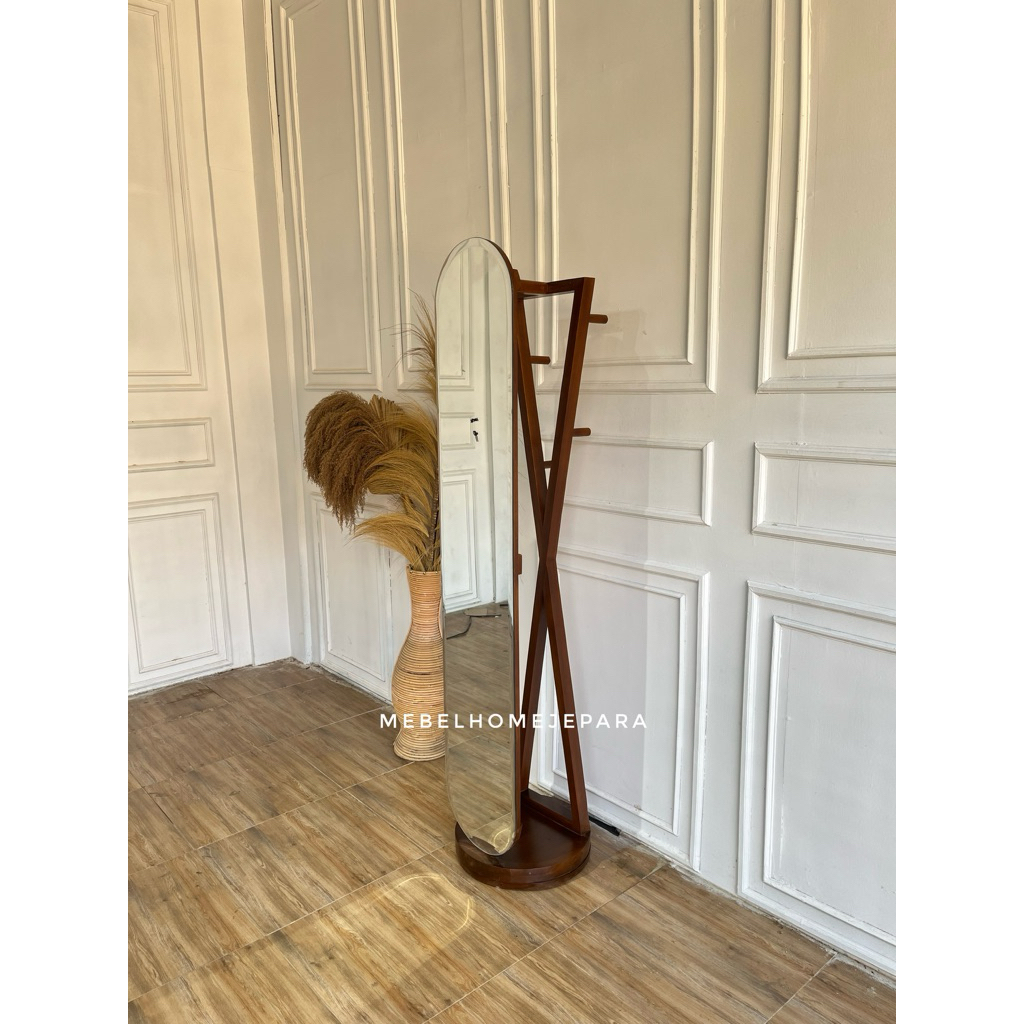 standing mirror jati, pigura jati, cermin kayu jati multifungsi ,cermin plus gantungan kayu jati