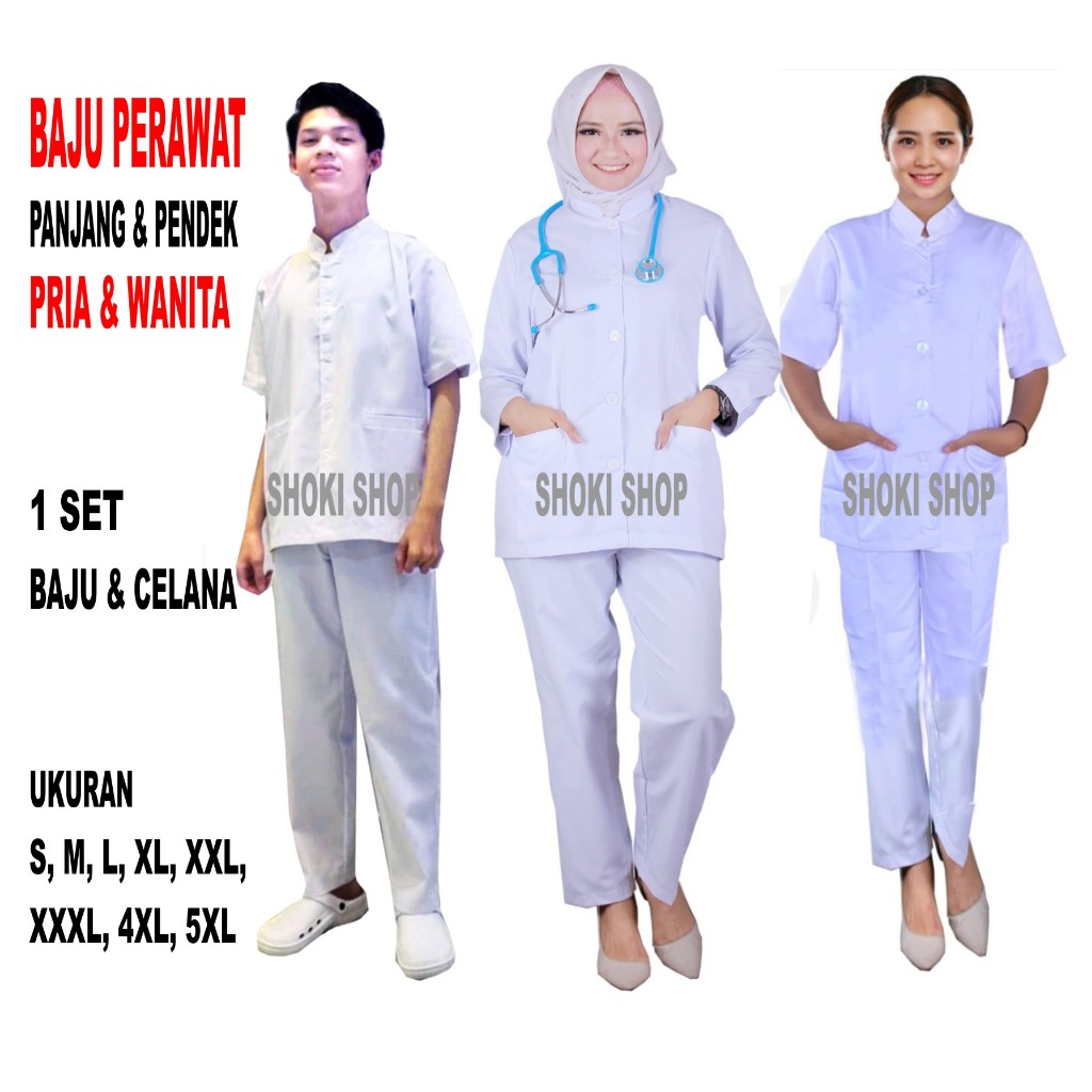 Baju Perawat Lengan Panjang Perawat Lengan Pendek Pria Wanita Seragam Perawat Putih Baju Suster